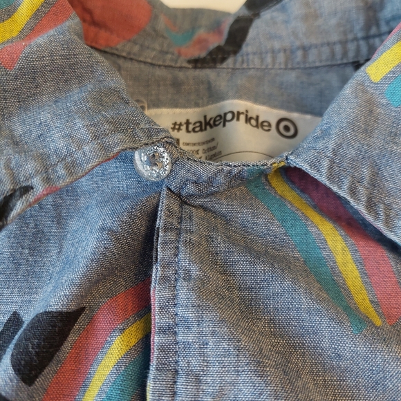 #takepride Geometric Gay Pride Flag Blue Button Up Short Sleeve Shirt Size L - Picture 6 of 10
